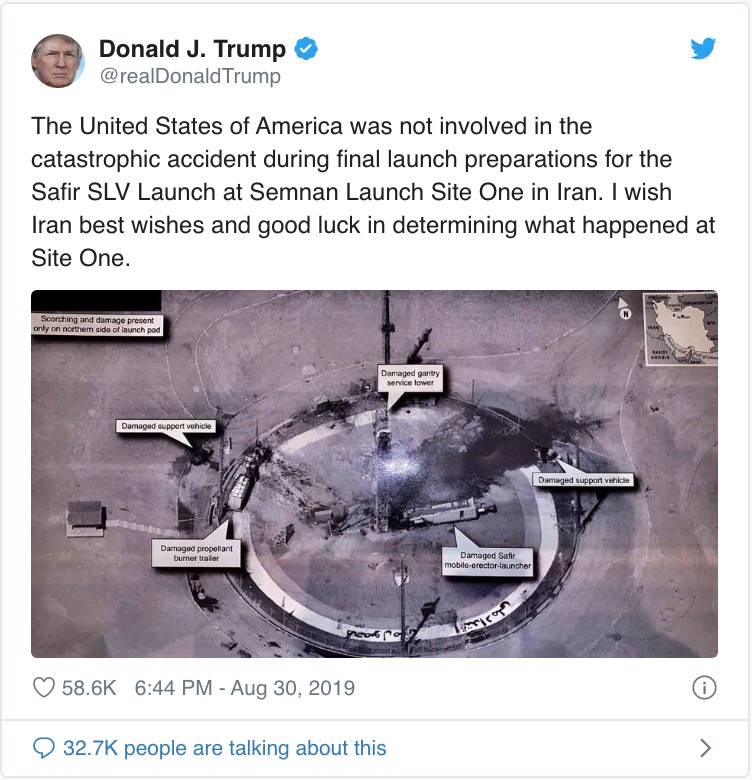 Tweet von Donald Trump zu Raketenexplosion im Iran
